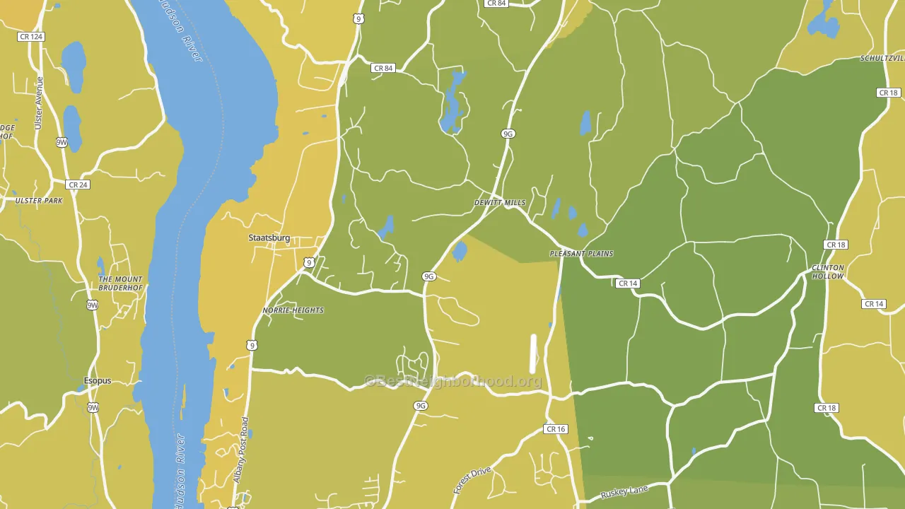 Map of the best neighborhoods in the 12580 area, with better matches in green and worse matches in red