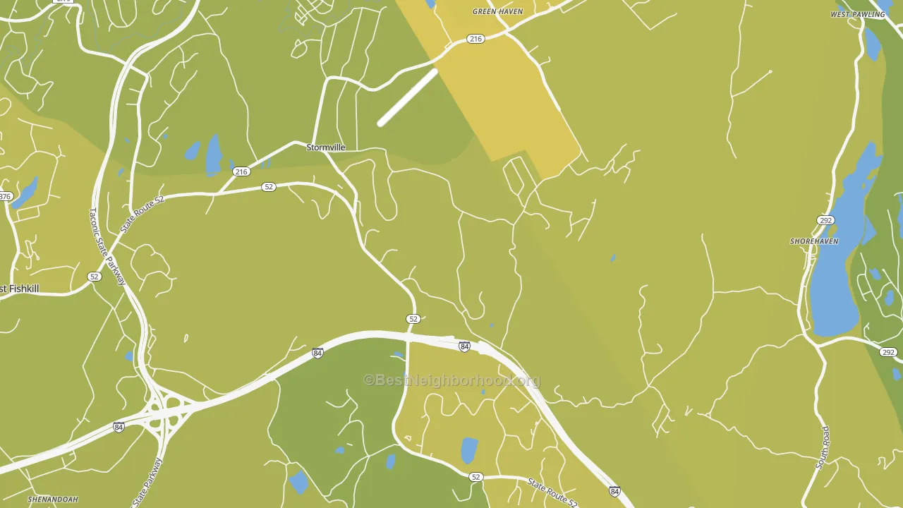 Map of the best neighborhoods in the 12582 area, with better matches in green and worse matches in red