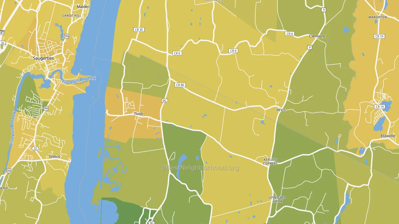 Map of the best neighborhoods in the 12583 area, with better matches in green and worse matches in red