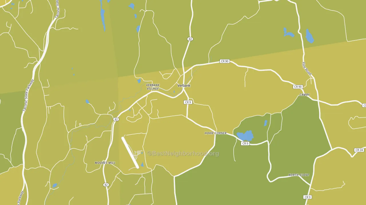 Map of the best neighborhoods in the 12585 area, with better matches in green and worse matches in red