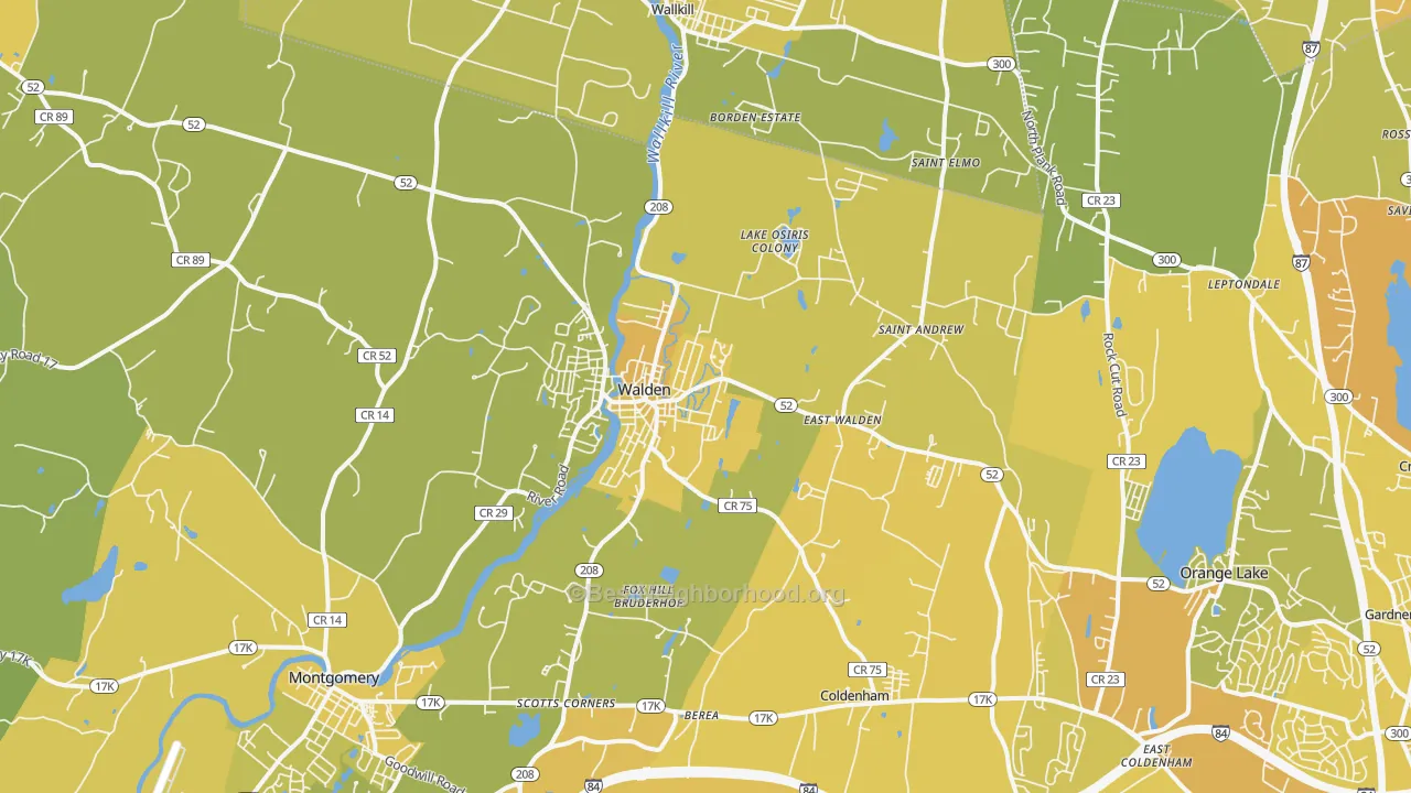 Map of the best neighborhoods in the 12586 area, with better matches in green and worse matches in red