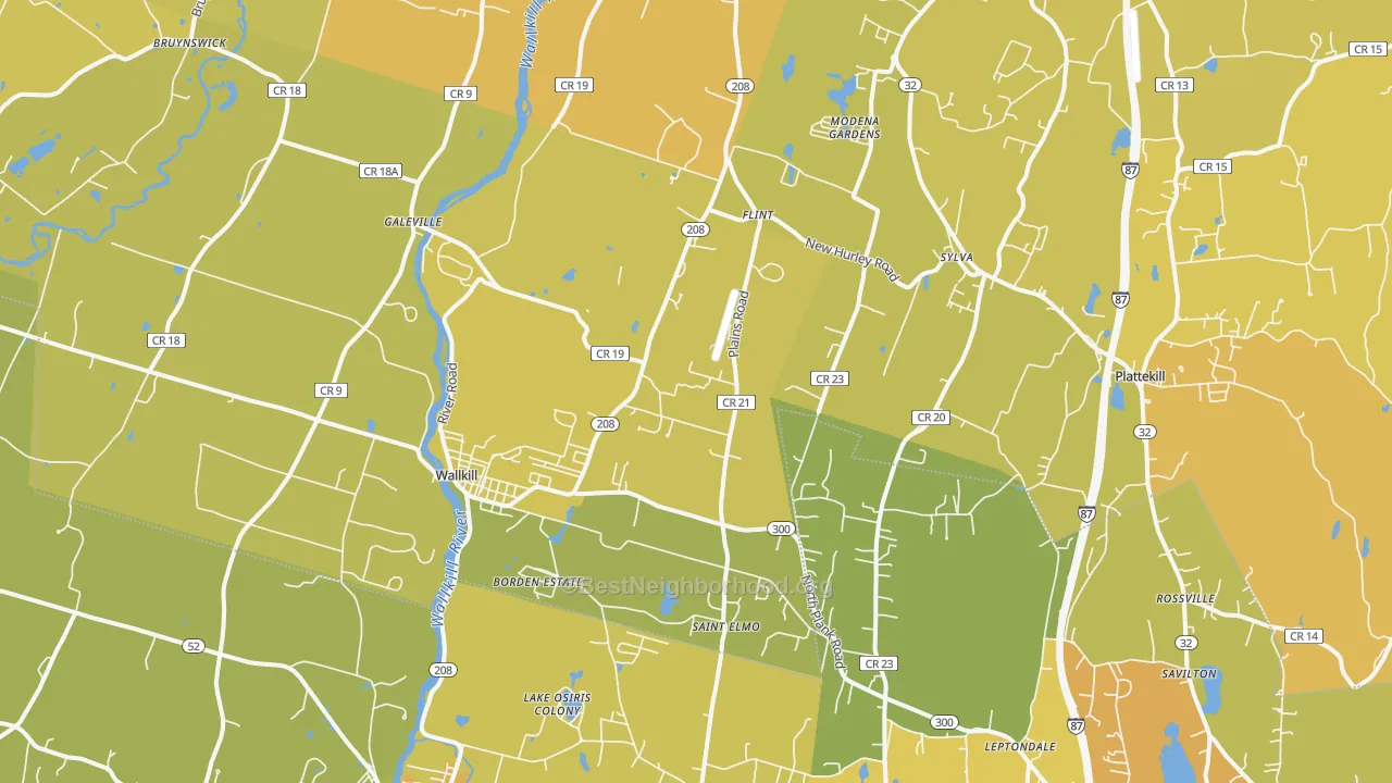 Map of the best neighborhoods in the 12589 area, with better matches in green and worse matches in red