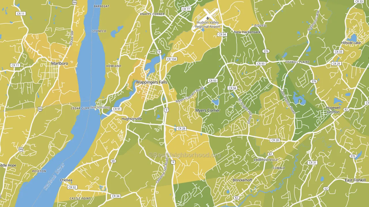 Map of the best neighborhoods in the 12590 area, with better matches in green and worse matches in red