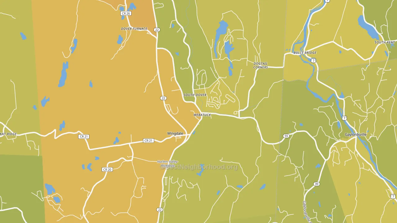 Map of the best neighborhoods in the 12594 area, with better matches in green and worse matches in red