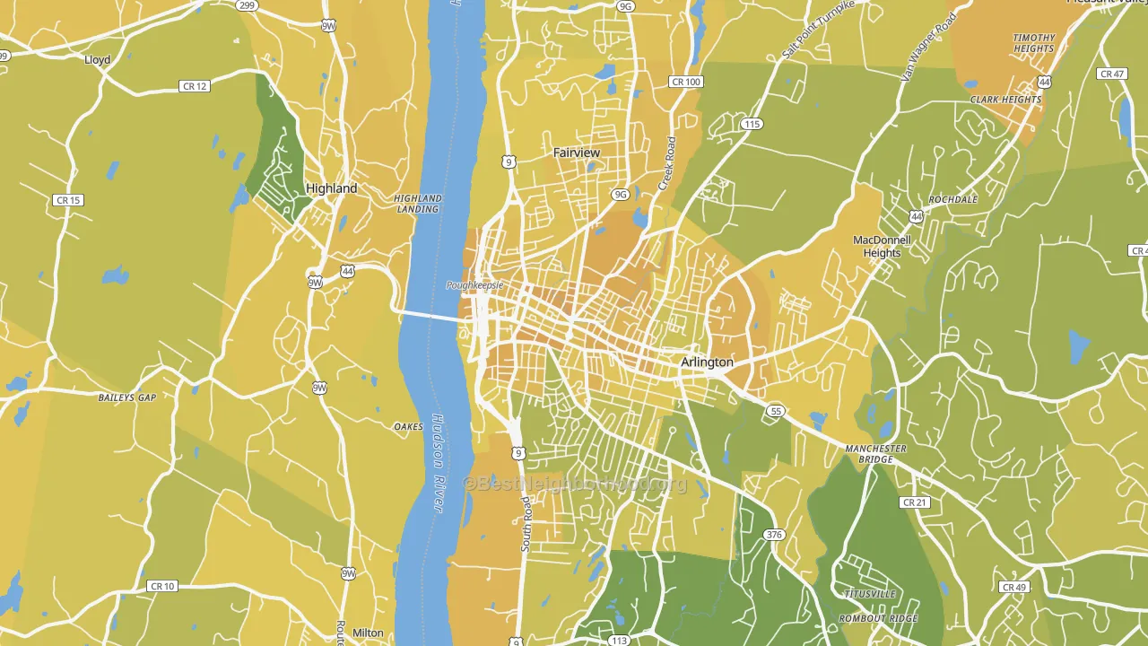 Map of the best neighborhoods in the 12601 area, with better matches in green and worse matches in red