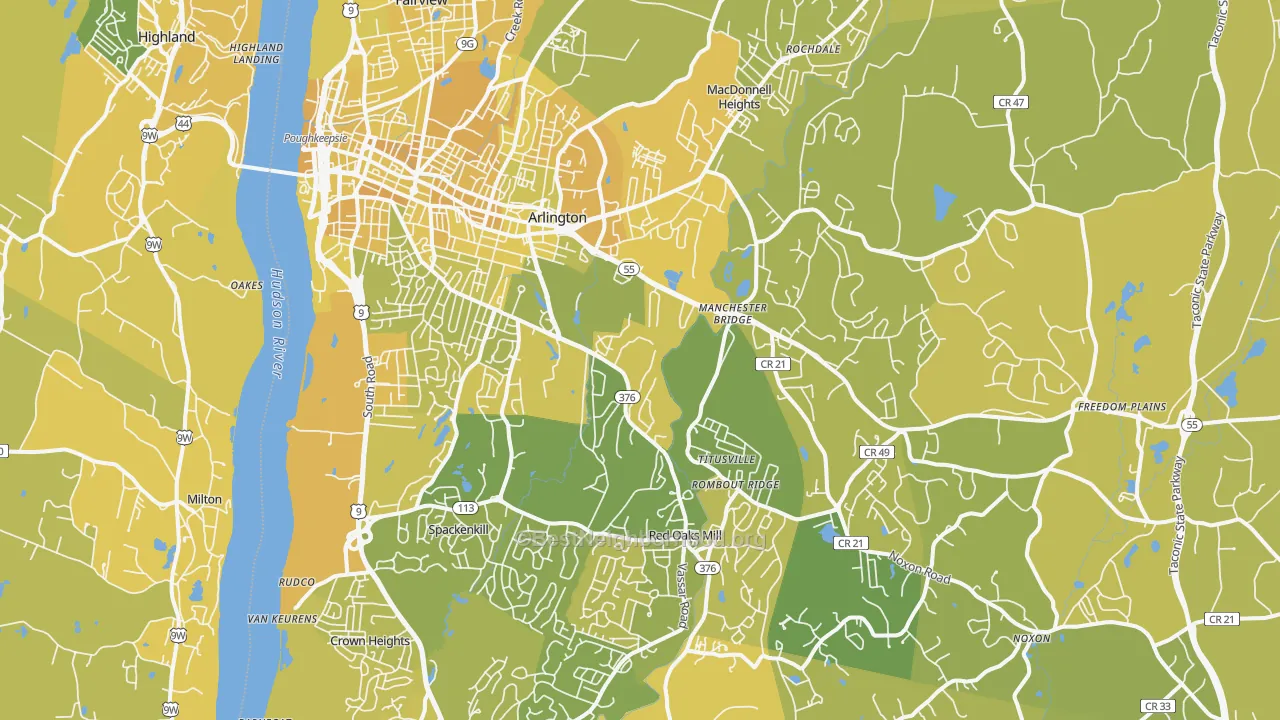 Map of the best neighborhoods in the 12603 area, with better matches in green and worse matches in red