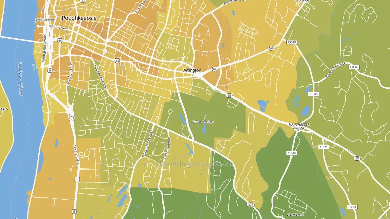 Map of the best neighborhoods in the 12604 area, with better matches in green and worse matches in red