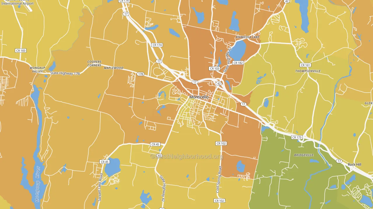 Map of the best neighborhoods in the 12701 area, with better matches in green and worse matches in red