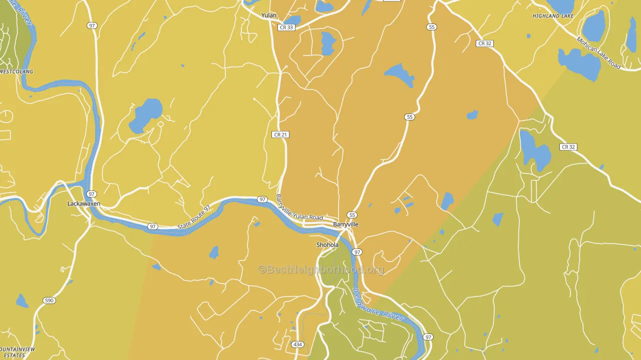 Map of the best neighborhoods in the 12719 area, with better matches in green and worse matches in red