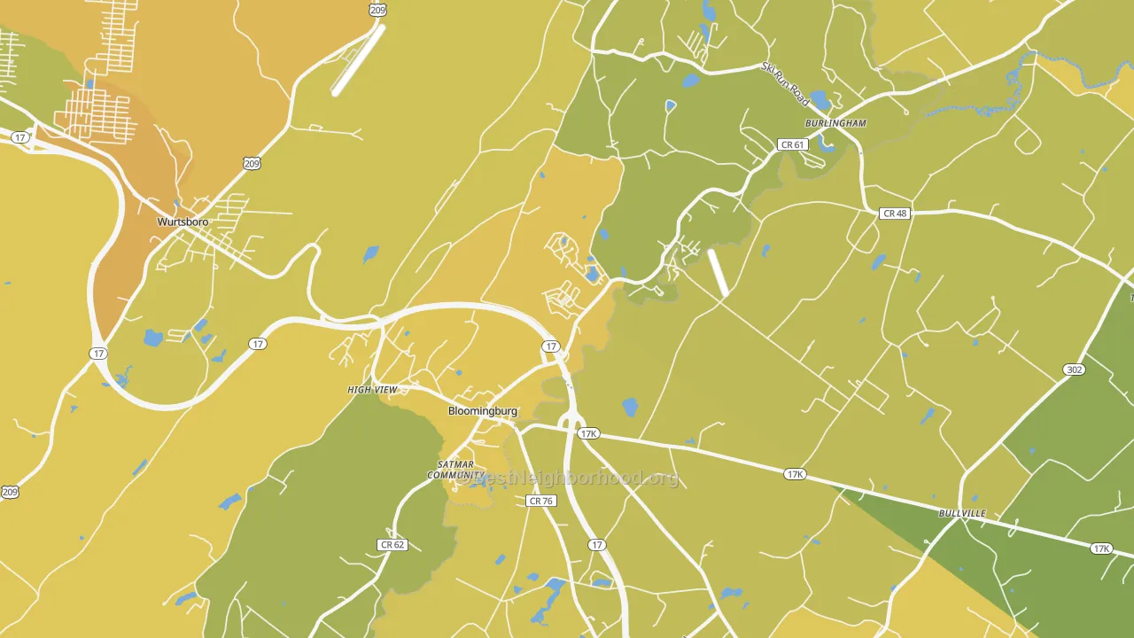 Map of the best neighborhoods in the 12721 area, with better matches in green and worse matches in red