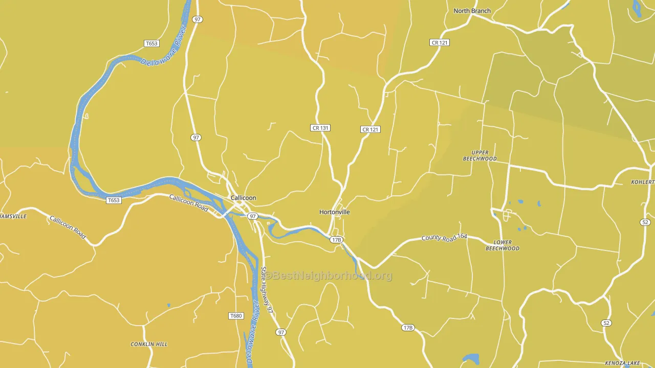 Map of the best neighborhoods in the 12723 area, with better matches in green and worse matches in red