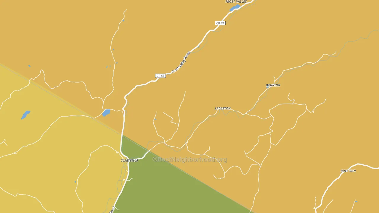 Map of the best neighborhoods in the 12725 area, with better matches in green and worse matches in red