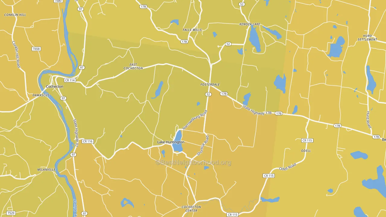 Map of the best neighborhoods in the 12726 area, with better matches in green and worse matches in red