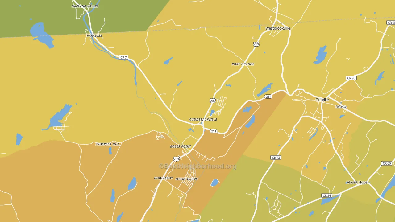 Map of the best neighborhoods in the 12729 area, with better matches in green and worse matches in red