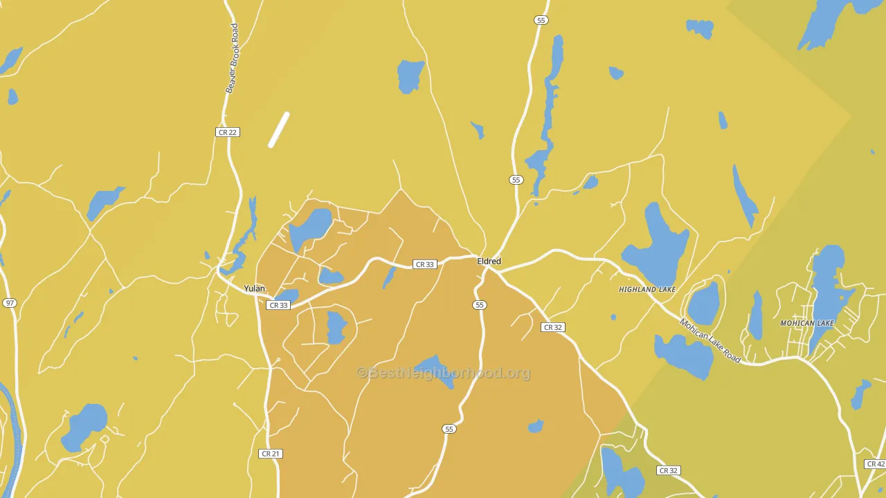 Map of the best neighborhoods in the 12732 area, with better matches in green and worse matches in red