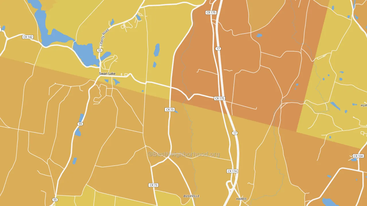 Map of the best neighborhoods in the 12734 area, with better matches in green and worse matches in red