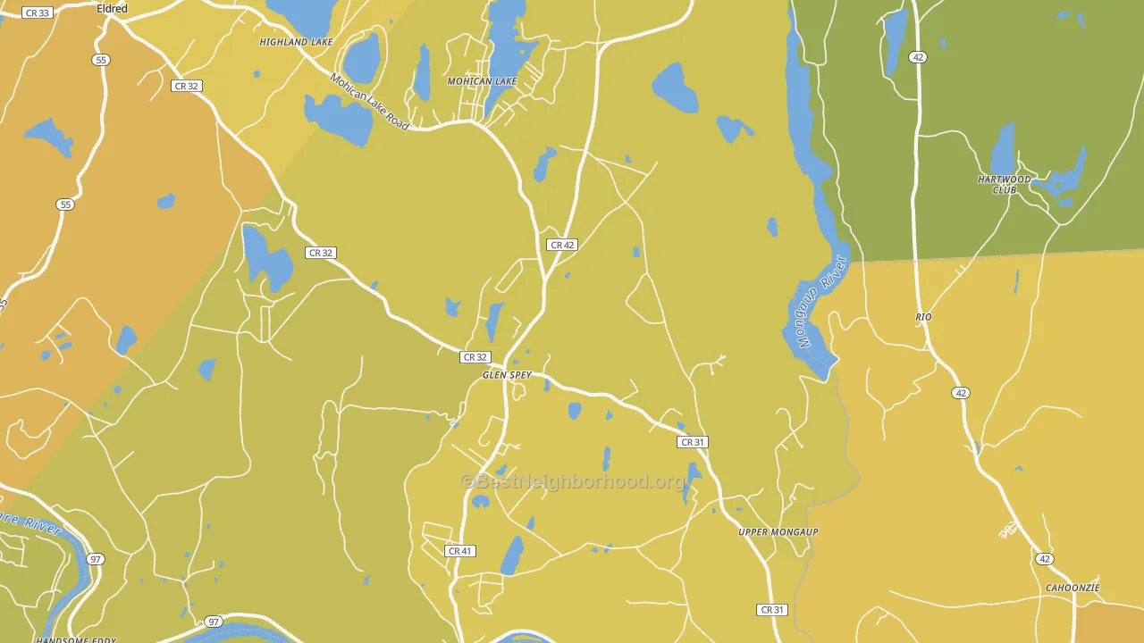 Map of the best neighborhoods in the 12737 area, with better matches in green and worse matches in red