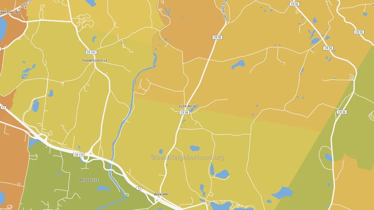 Map of the best neighborhoods in the 12738 area, with better matches in green and worse matches in red