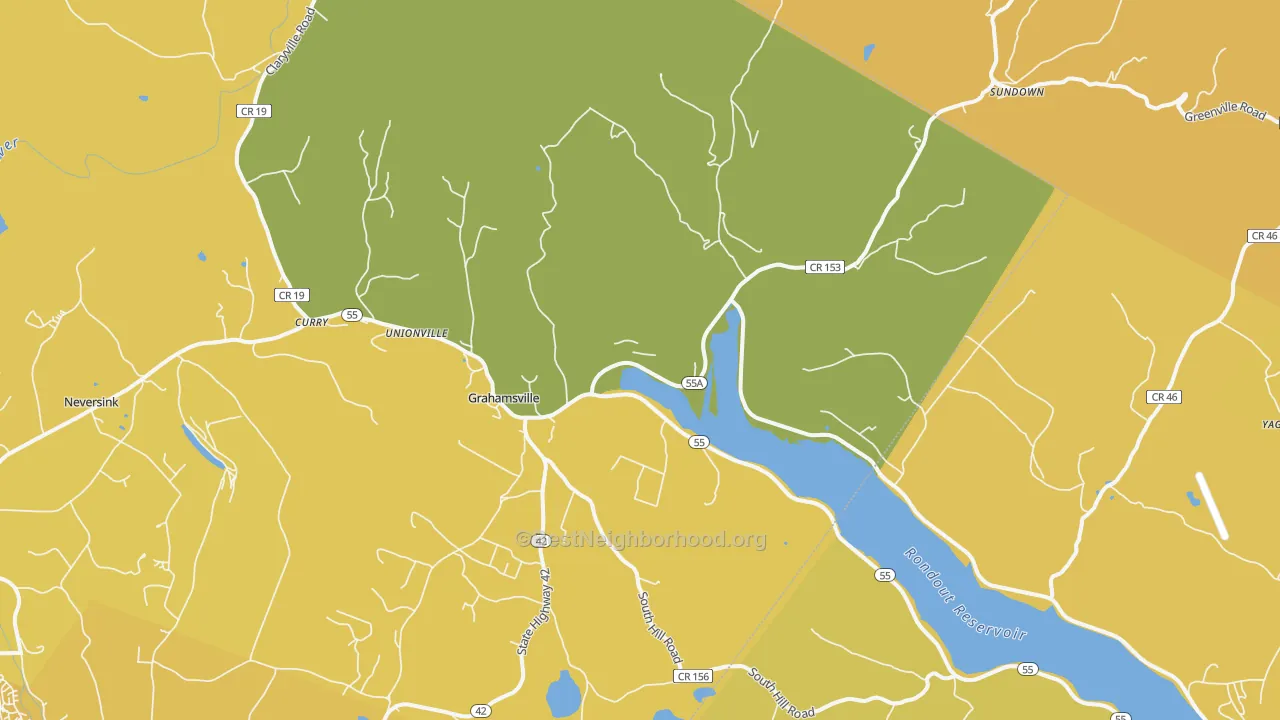 Map of the best neighborhoods in the 12740 area, with better matches in green and worse matches in red