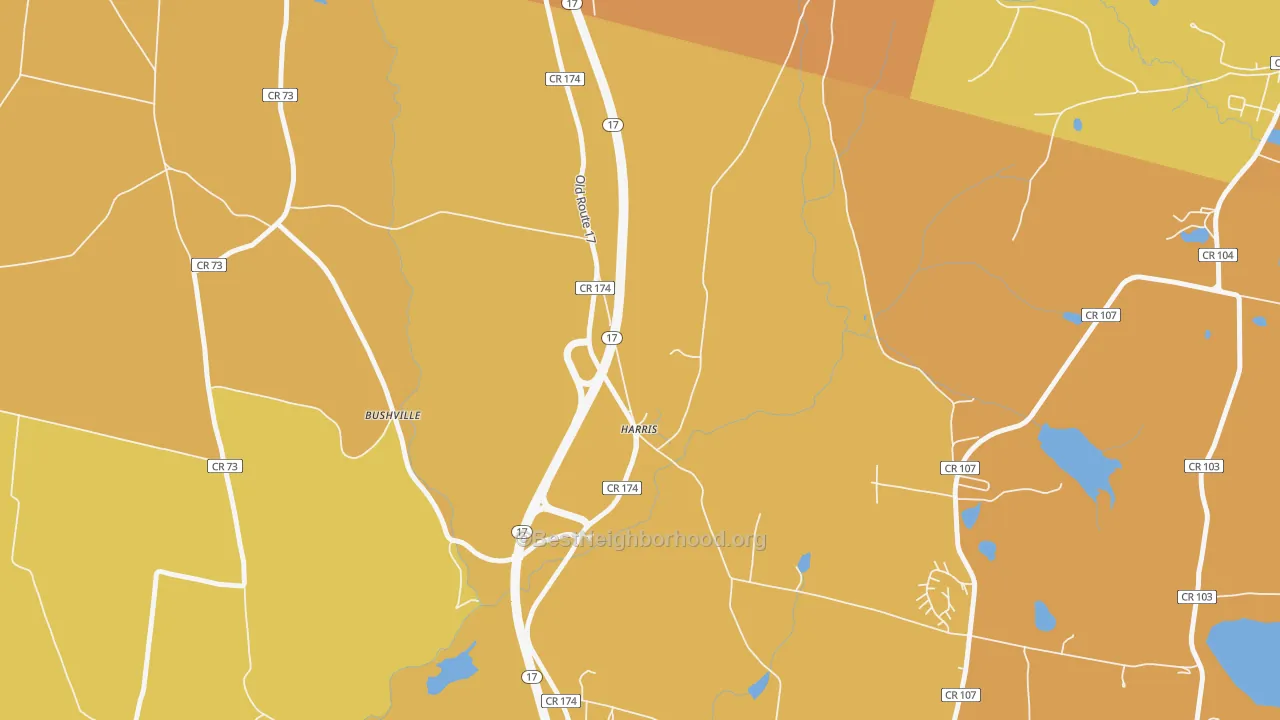 Map of the best neighborhoods in the 12742 area, with better matches in green and worse matches in red