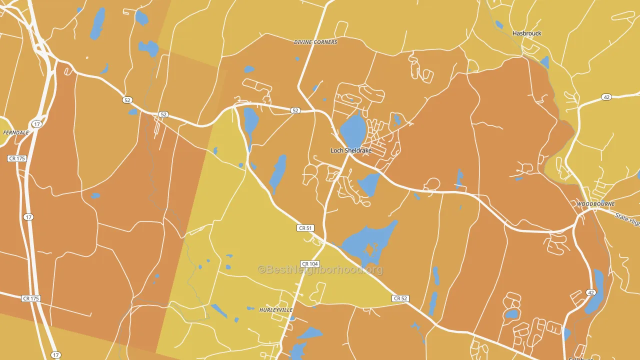 Map of the best neighborhoods in the 12747 area, with better matches in green and worse matches in red