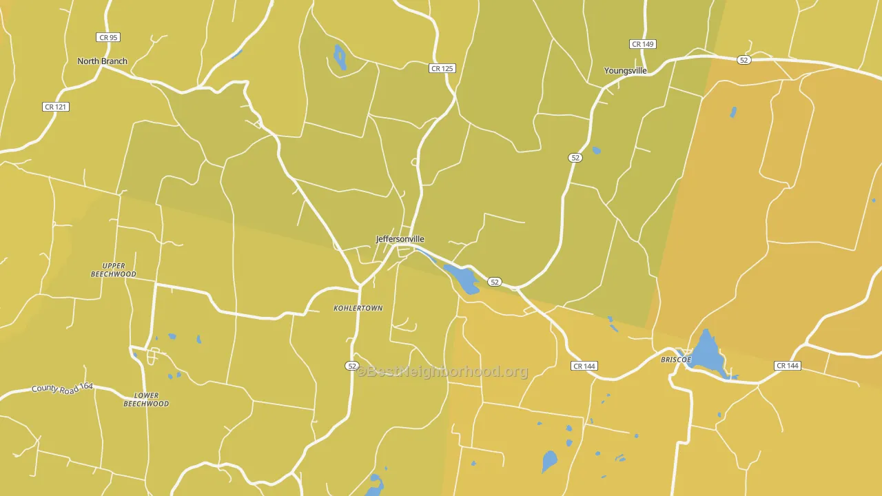 Map of the best neighborhoods in the 12748 area, with better matches in green and worse matches in red