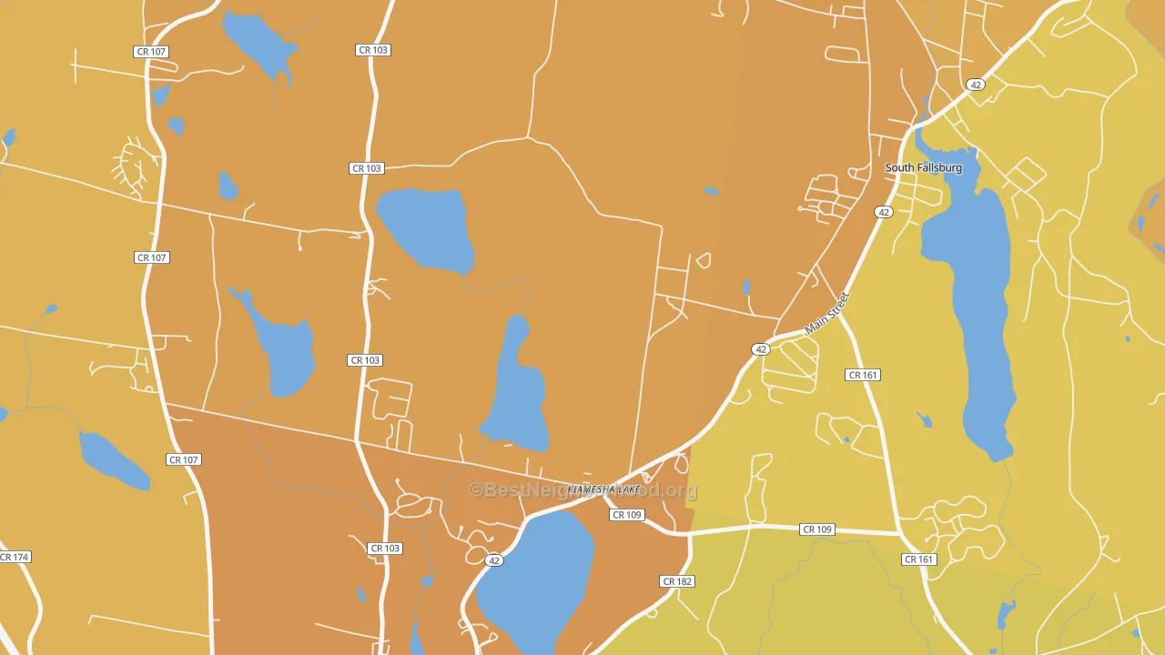 Map of the best neighborhoods in the 12751 area, with better matches in green and worse matches in red