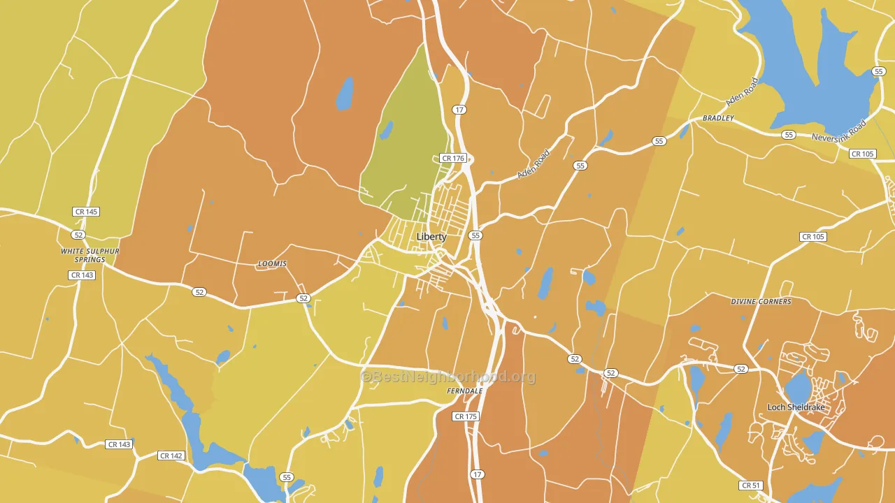 Map of the best neighborhoods in the 12754 area, with better matches in green and worse matches in red
