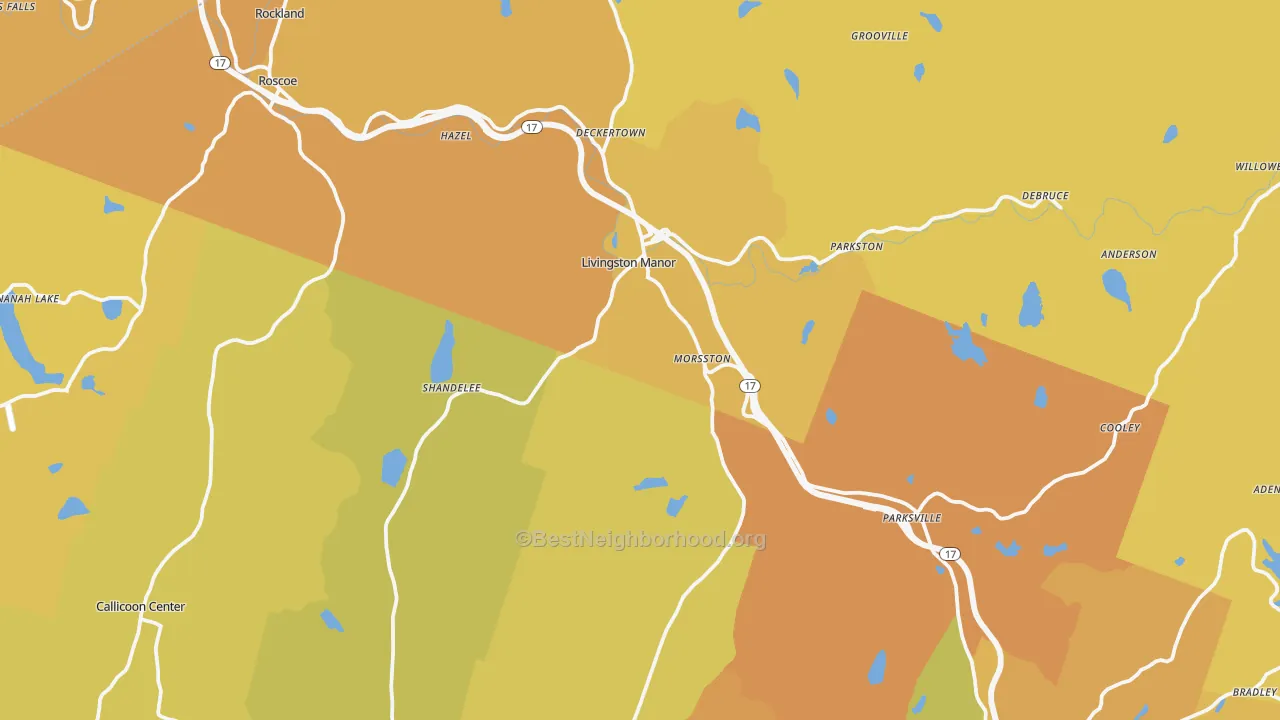 Map of the best neighborhoods in the 12758 area, with better matches in green and worse matches in red