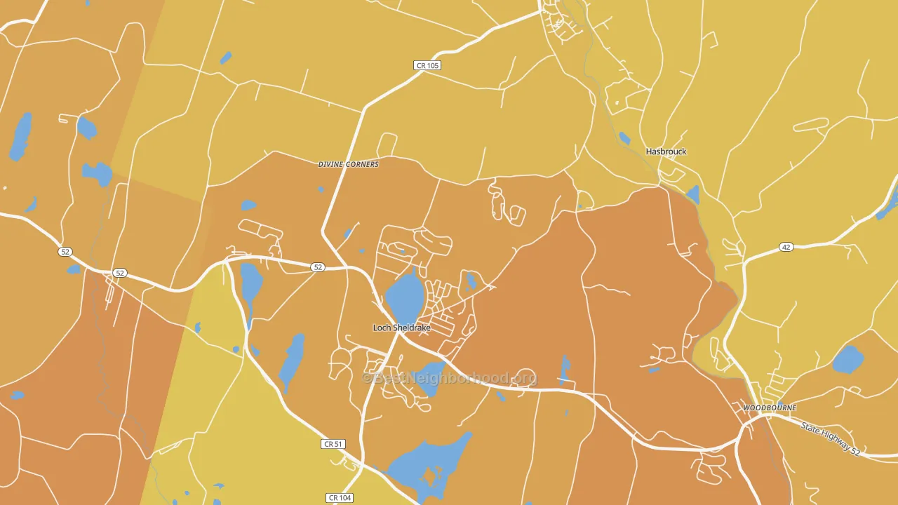 Map of the best neighborhoods in the 12759 area, with better matches in green and worse matches in red