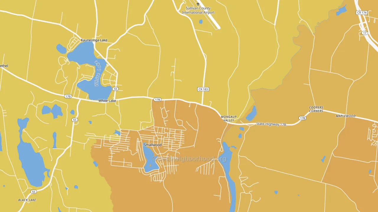 Map of the best neighborhoods in the 12762 area, with better matches in green and worse matches in red