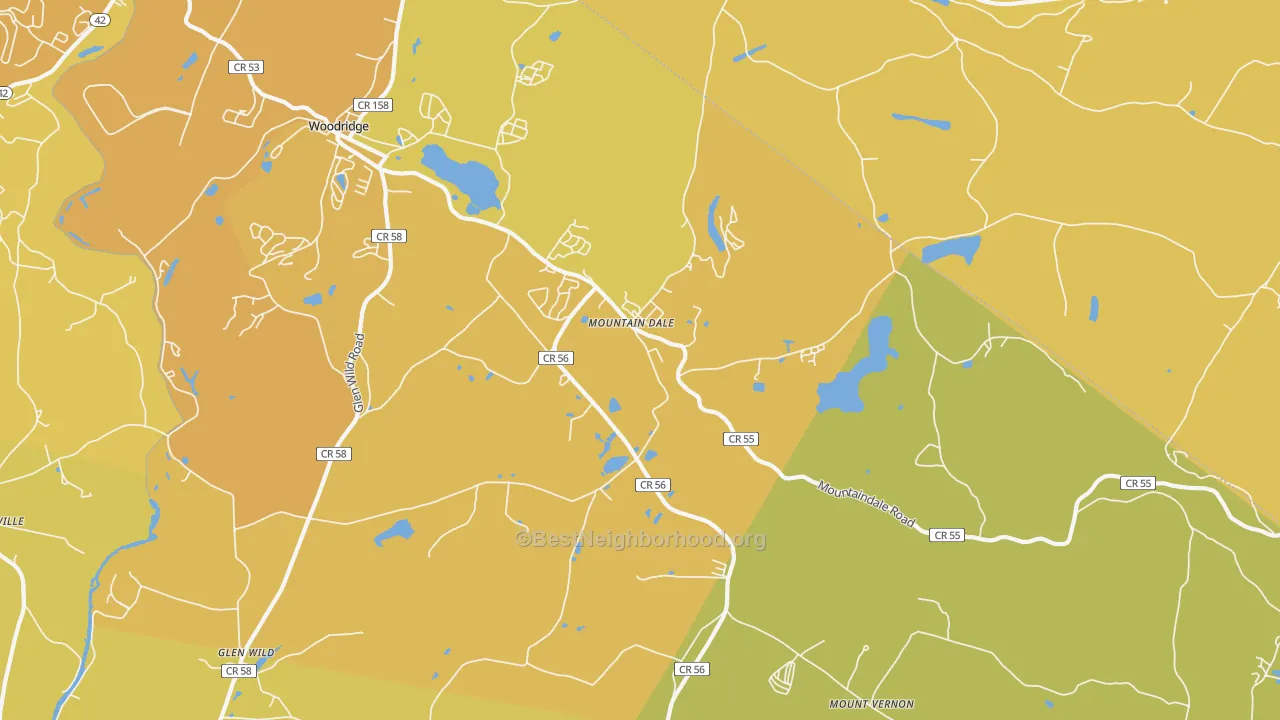 Map of the best neighborhoods in the 12763 area, with better matches in green and worse matches in red