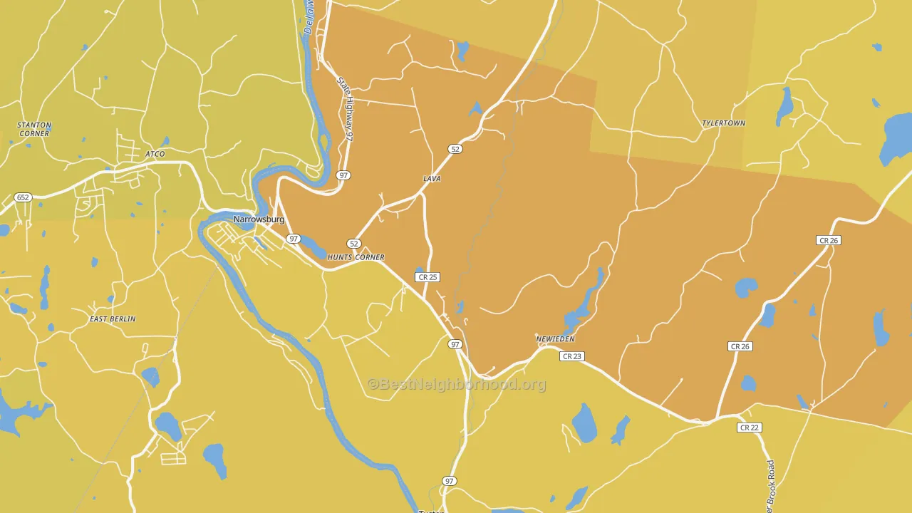 Map of the best neighborhoods in the 12764 area, with better matches in green and worse matches in red