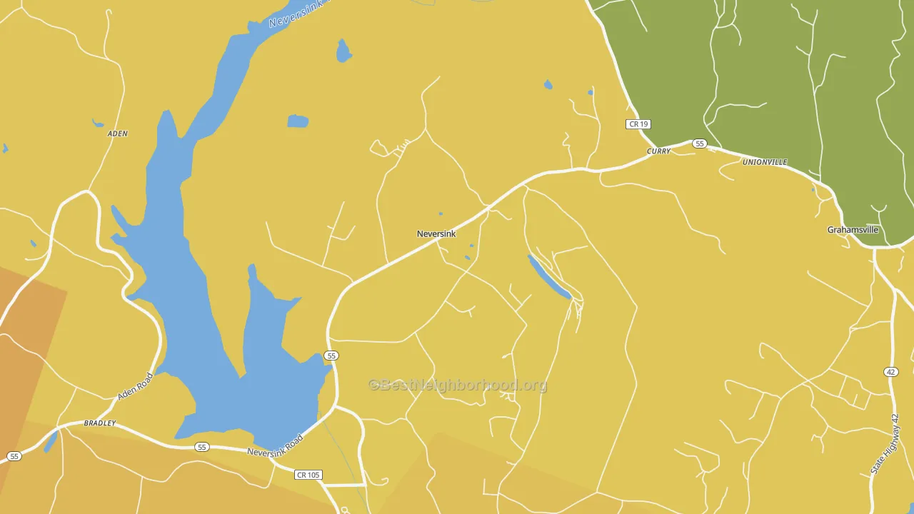 Map of the best neighborhoods in the 12765 area, with better matches in green and worse matches in red