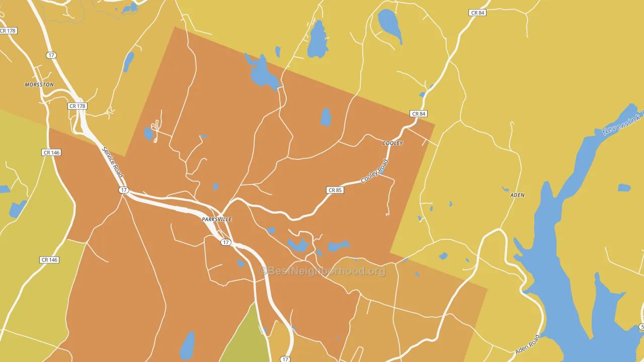 Map of the best neighborhoods in the 12768 area, with better matches in green and worse matches in red