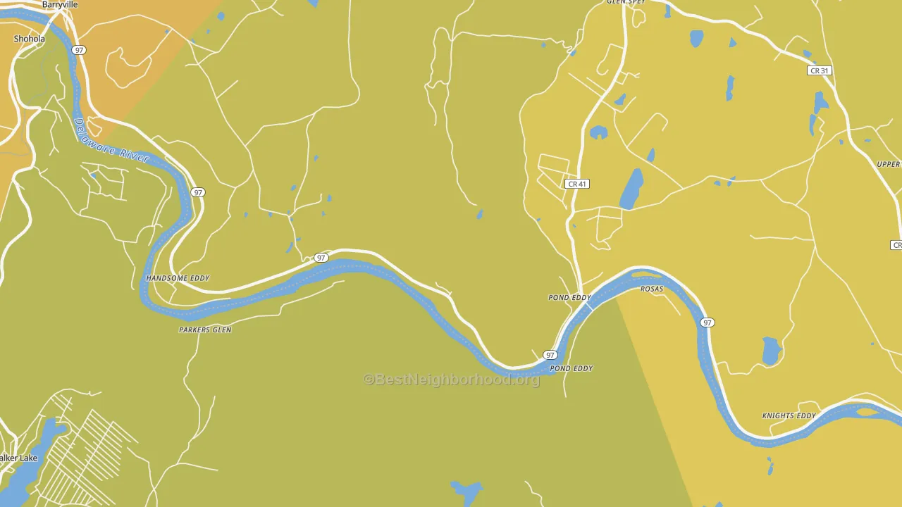 Map of the best neighborhoods in the 12770 area, with better matches in green and worse matches in red