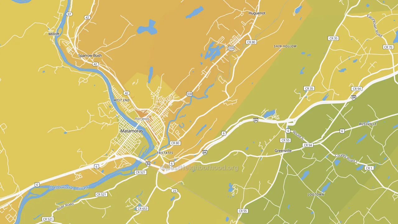 Map of the best neighborhoods in the 12771 area, with better matches in green and worse matches in red