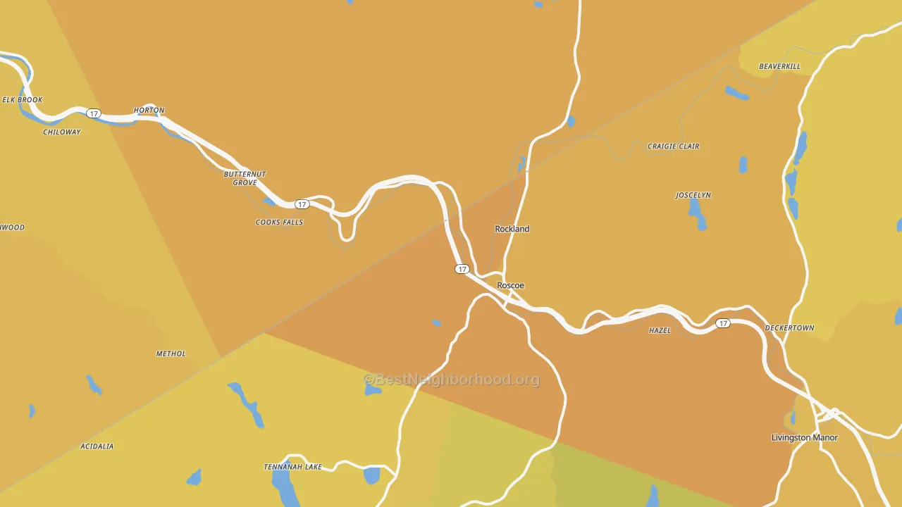 Map of the best neighborhoods in the 12776 area, with better matches in green and worse matches in red