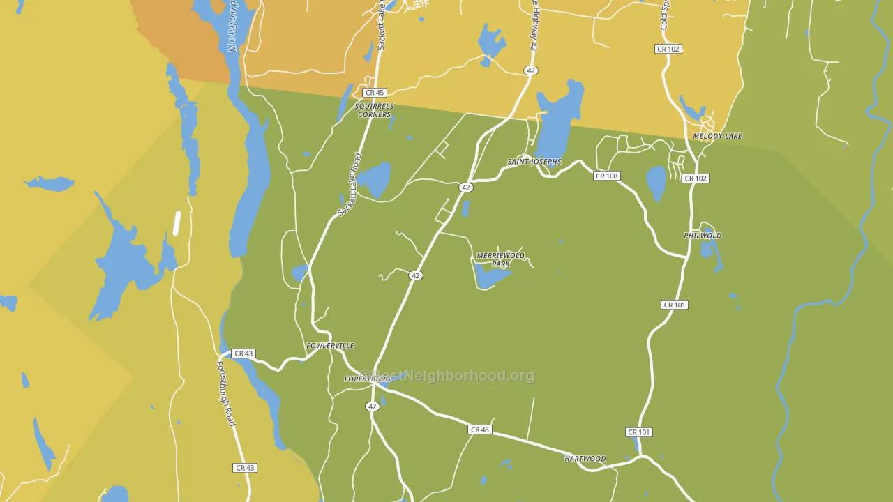 Map of the best neighborhoods in the 12777 area, with better matches in green and worse matches in red