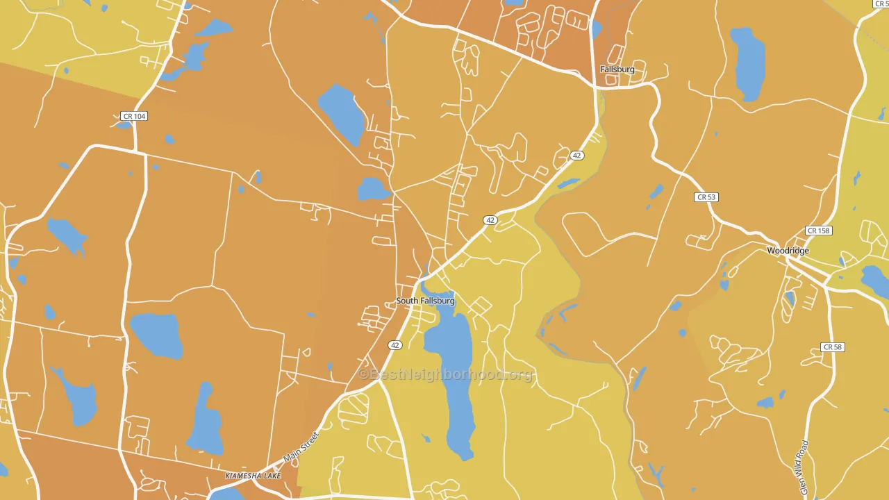 Map of the best neighborhoods in the 12779 area, with better matches in green and worse matches in red