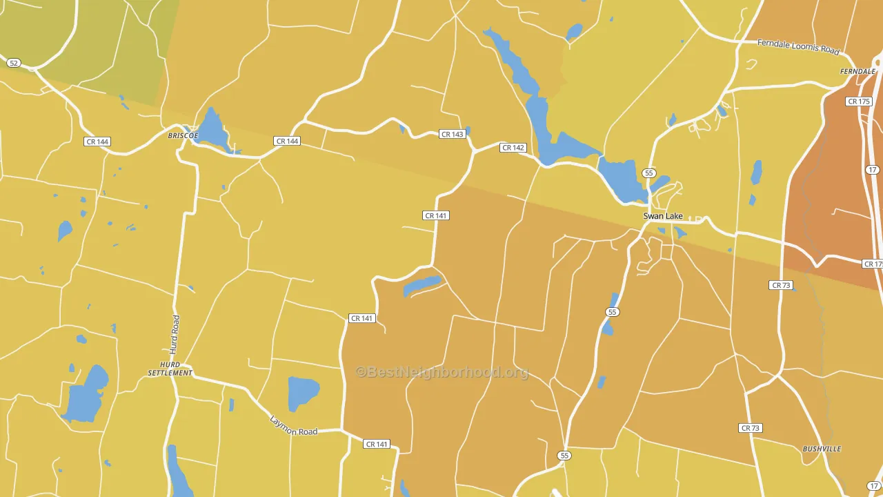 Map of the best neighborhoods in the 12783 area, with better matches in green and worse matches in red