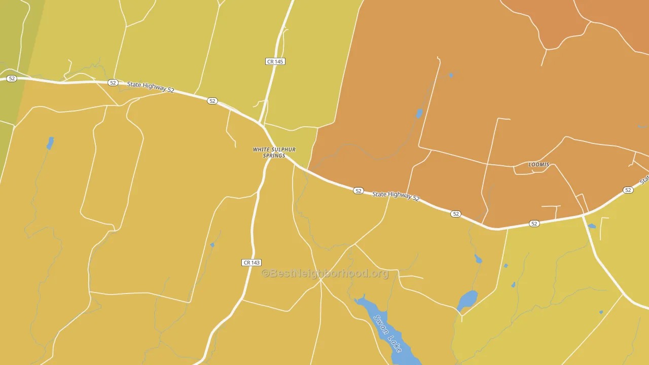 Map of the best neighborhoods in the 12787 area, with better matches in green and worse matches in red