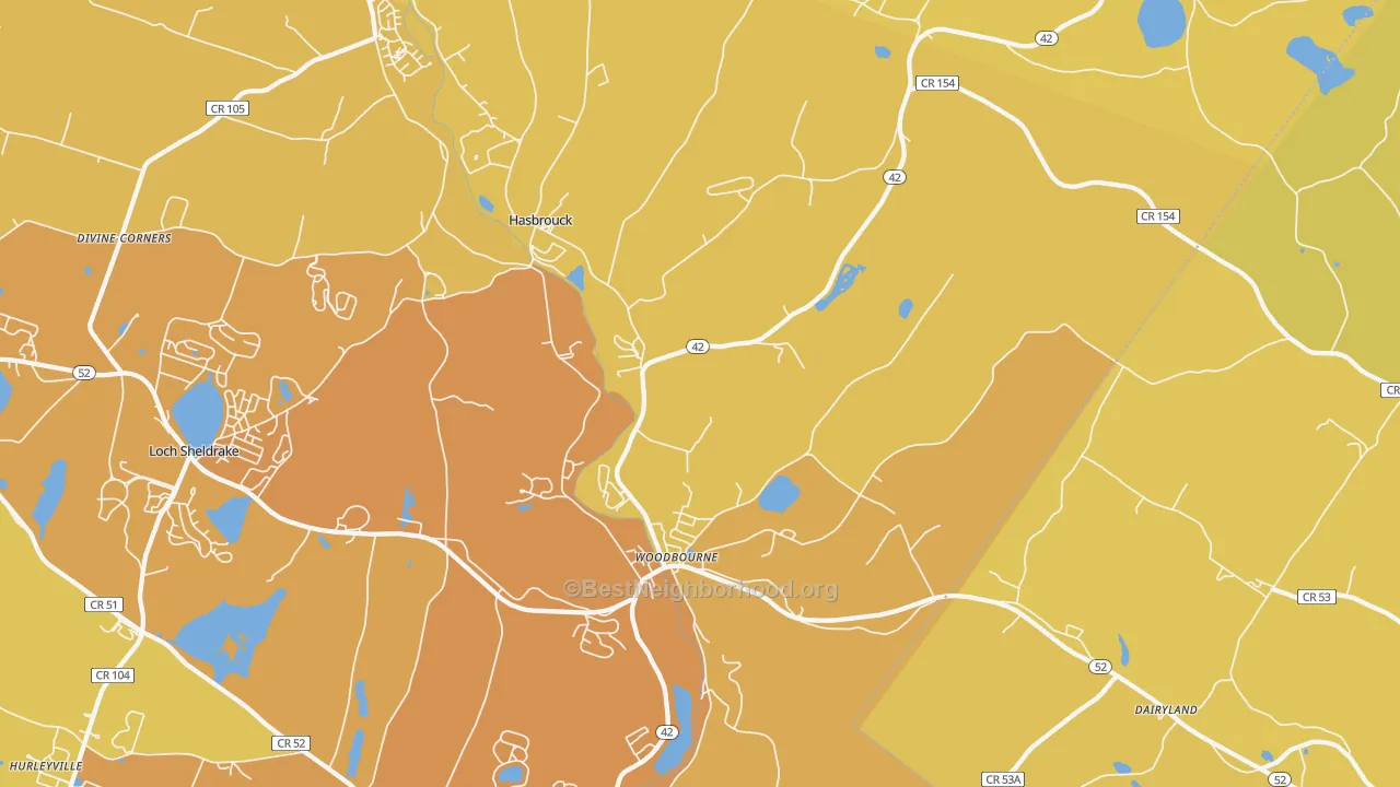 Map of the best neighborhoods in the 12788 area, with better matches in green and worse matches in red