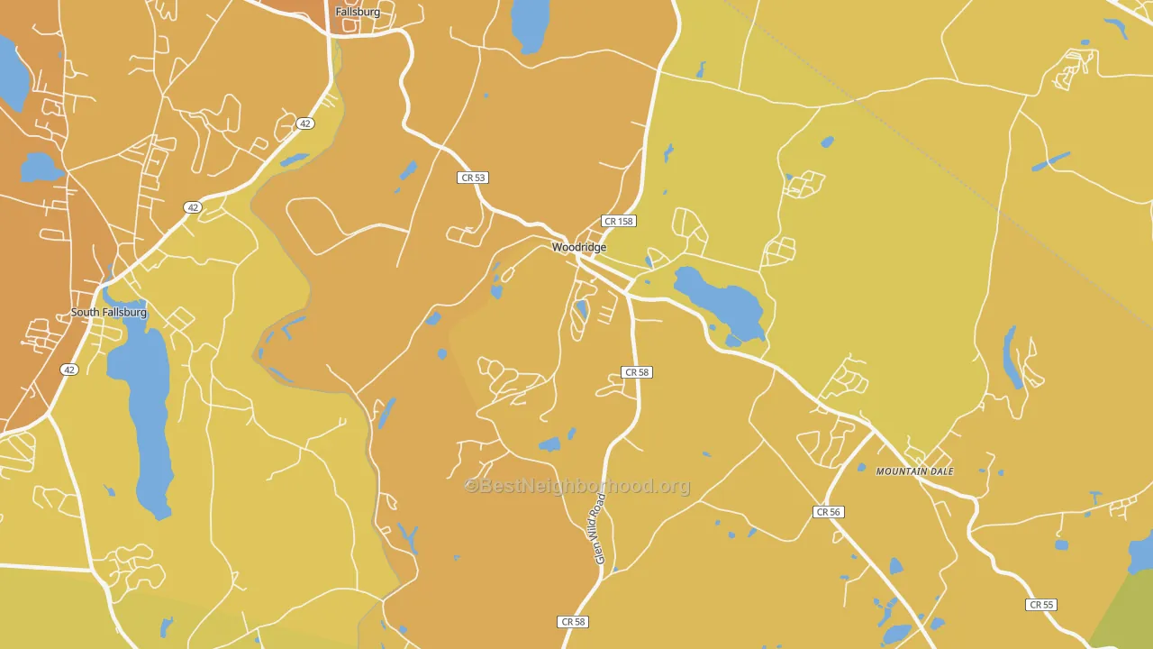 Map of the best neighborhoods in the 12789 area, with better matches in green and worse matches in red