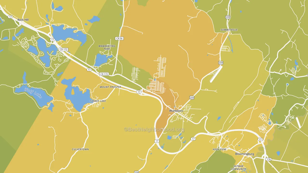Map of the best neighborhoods in the 12790 area, with better matches in green and worse matches in red