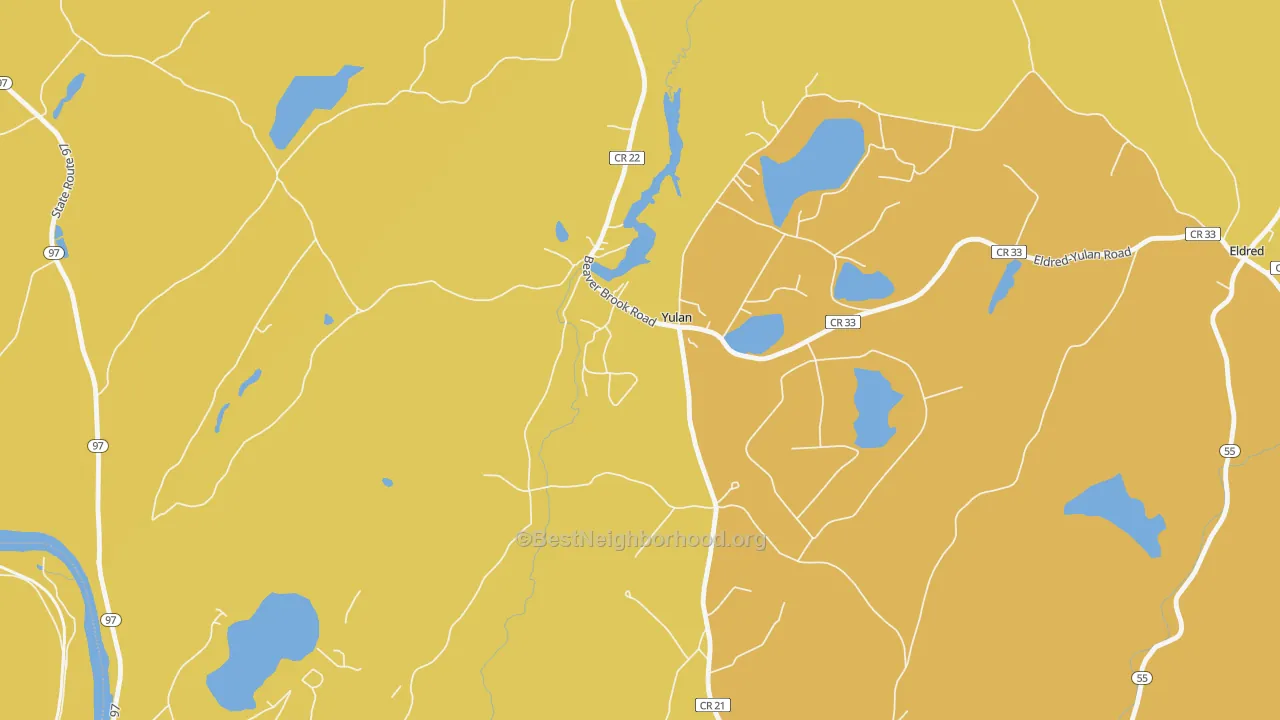 Map of the best neighborhoods in the 12792 area, with better matches in green and worse matches in red