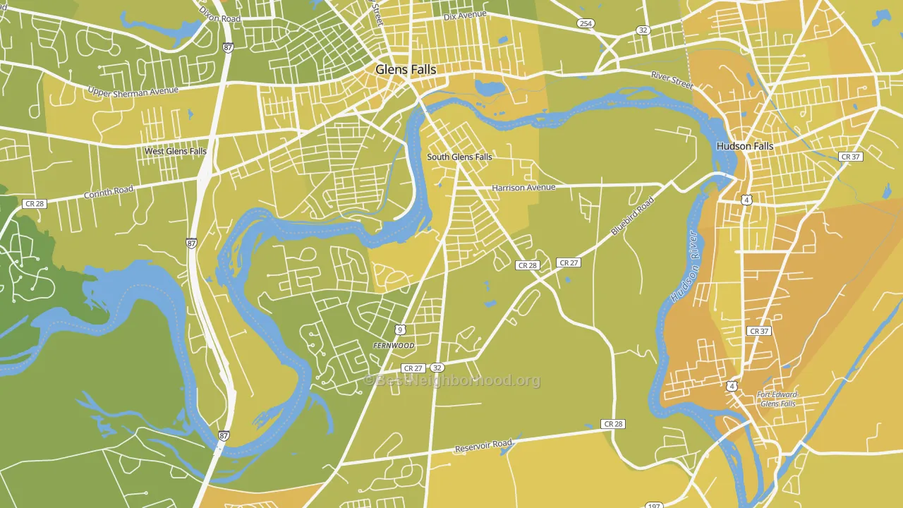 Map of the best neighborhoods in the 12803 area, with better matches in green and worse matches in red