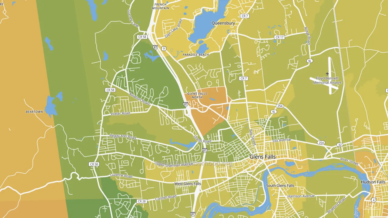 Map of the best neighborhoods in the 12804 area, with better matches in green and worse matches in red