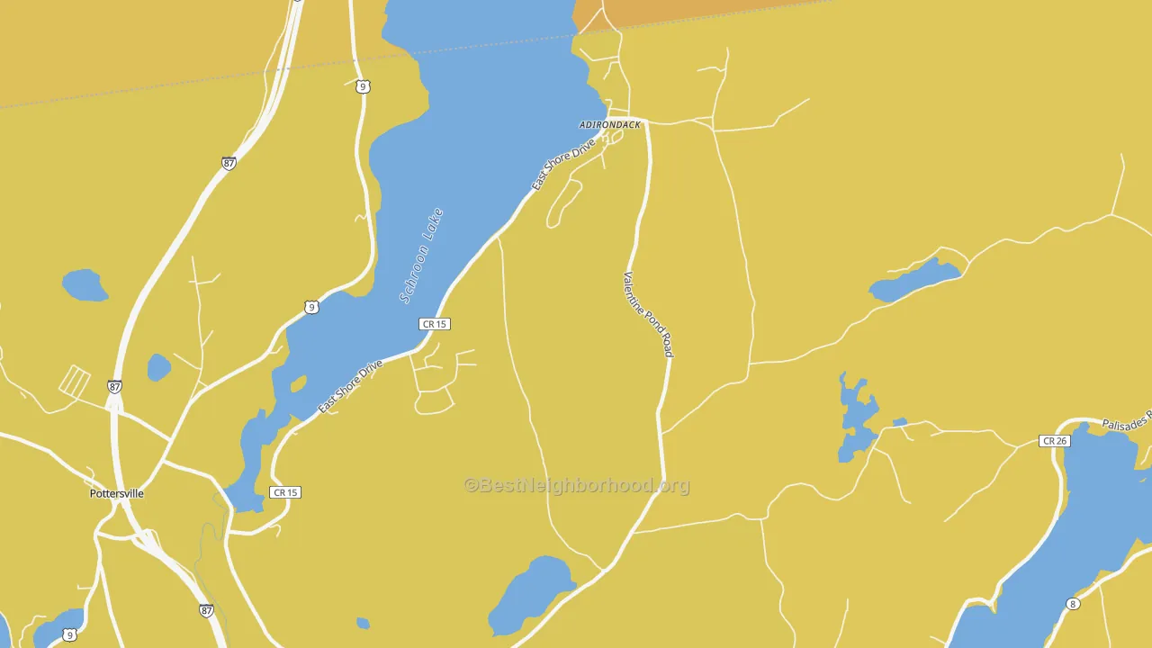 Map of the best neighborhoods in the 12808 area, with better matches in green and worse matches in red