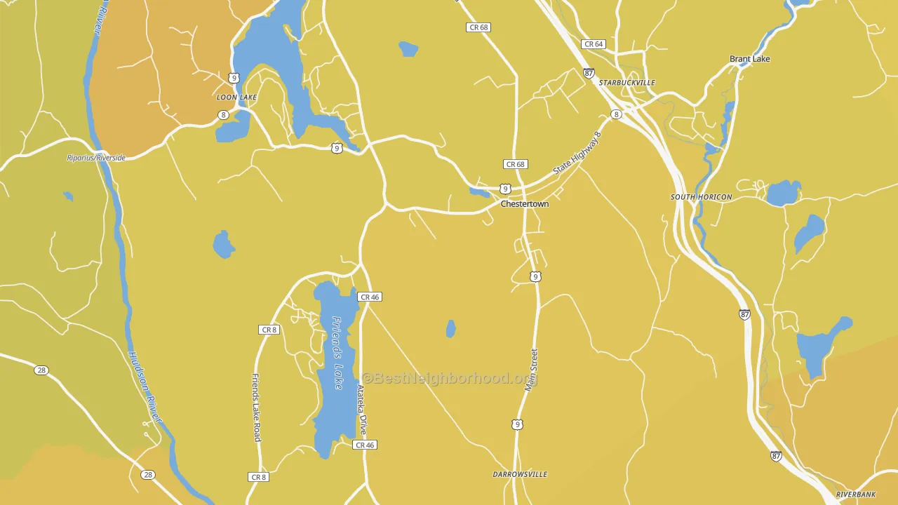 Map of the best neighborhoods in the 12817 area, with better matches in green and worse matches in red